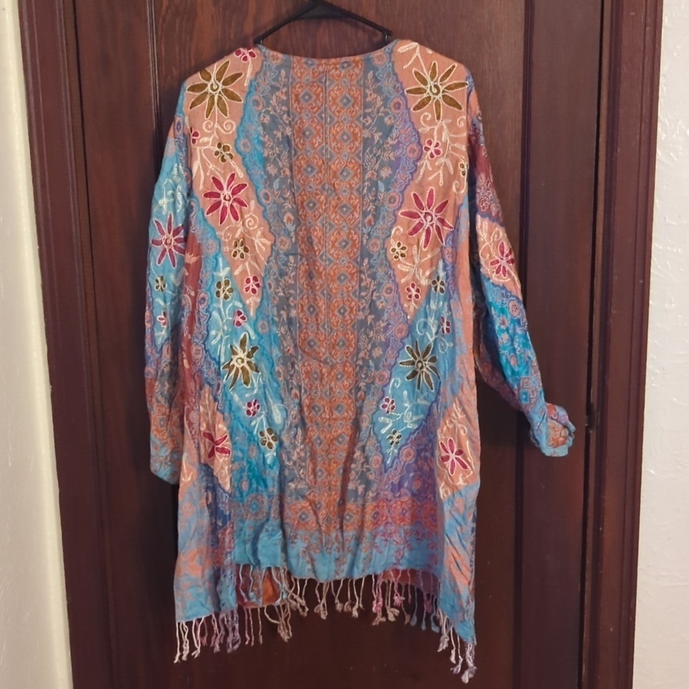Time For Me Embroidered Bohemian Flowy Open Fringe Cardigan Size 2X - Picture 7 of 9